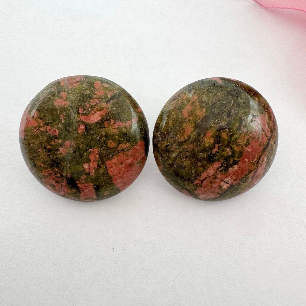 Unakite Stud Earrings Green Pink Chunky Round Polished Dome Semi Precious 1”